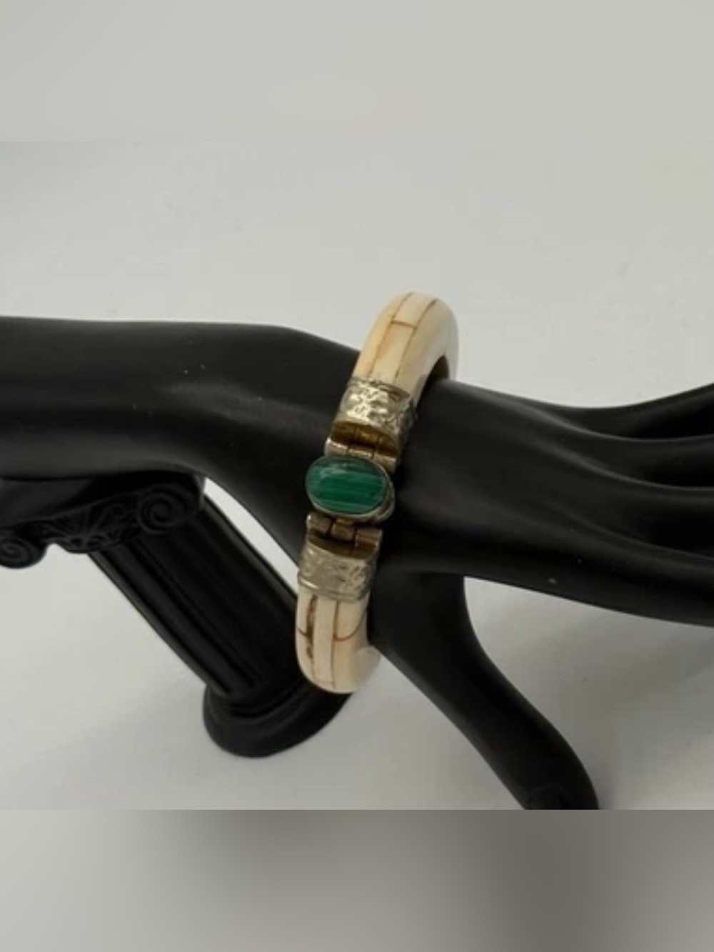 Vintage Bone & Malachite Bangle Bracelet Hinged Brass Inlay Boho Tribal 2.75"